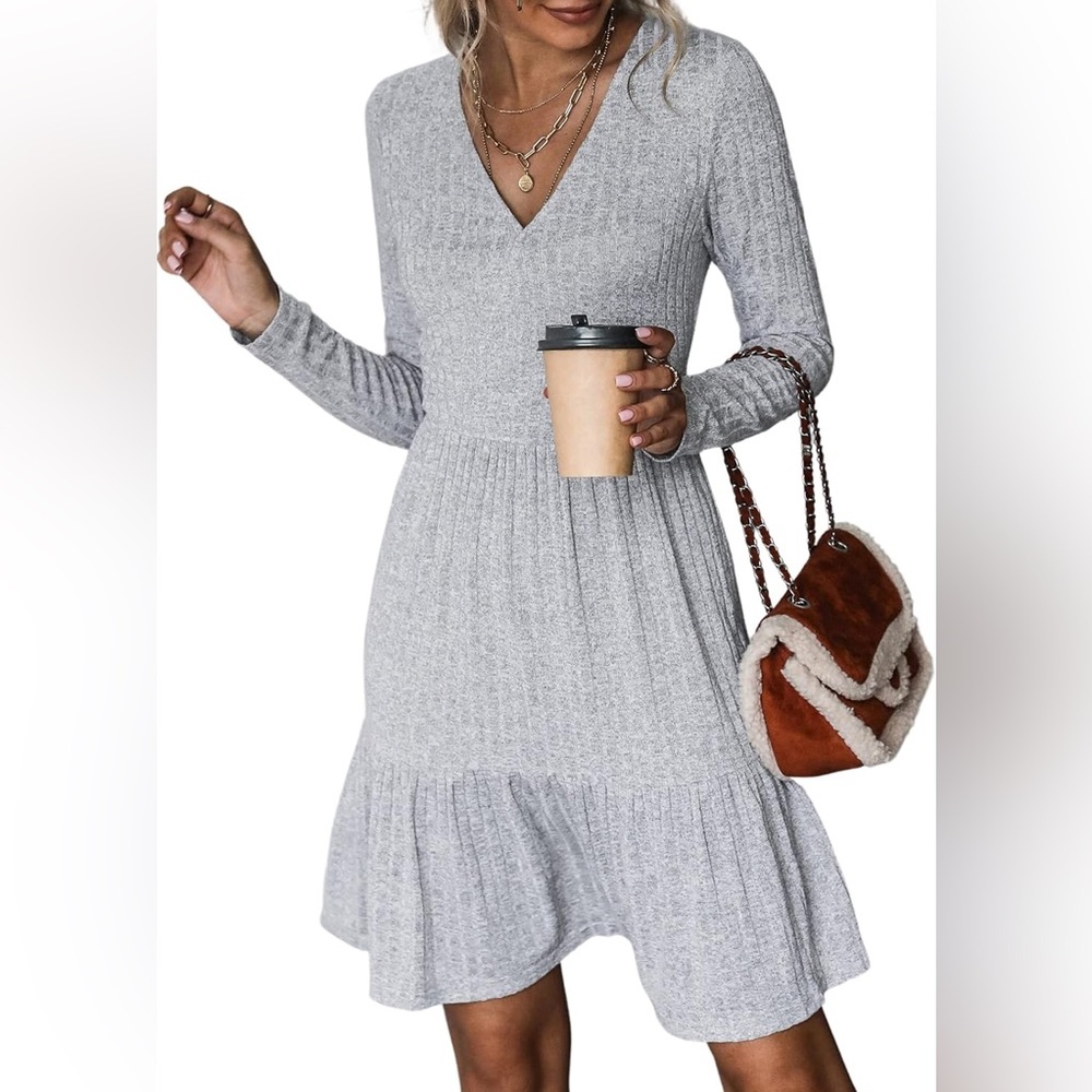 NWOT Long Sleeve Chic V-Neck Mini Dress Jersey Knit Ribbed Flounce Hem